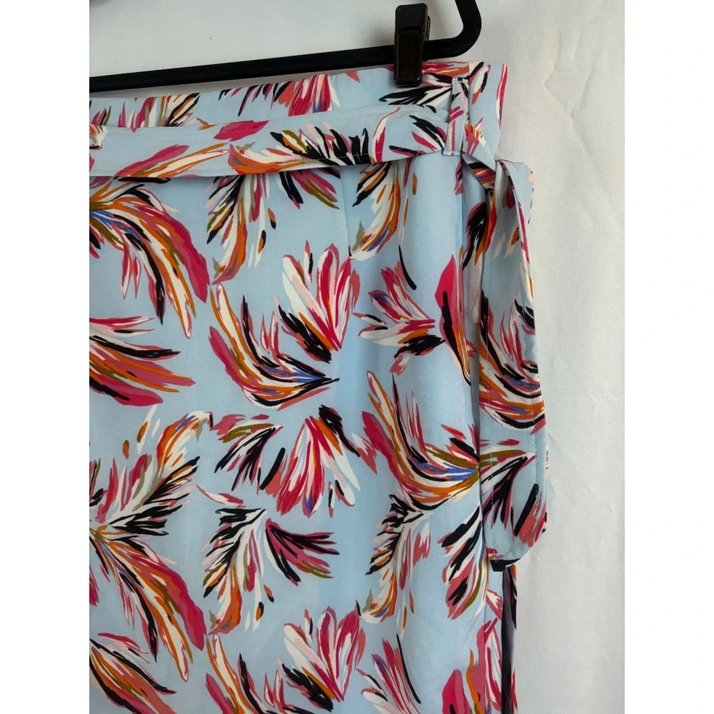 Floral Print Pencil Skirt Light Blue Pink High Waist Tie Belt Mid-Length Size 22